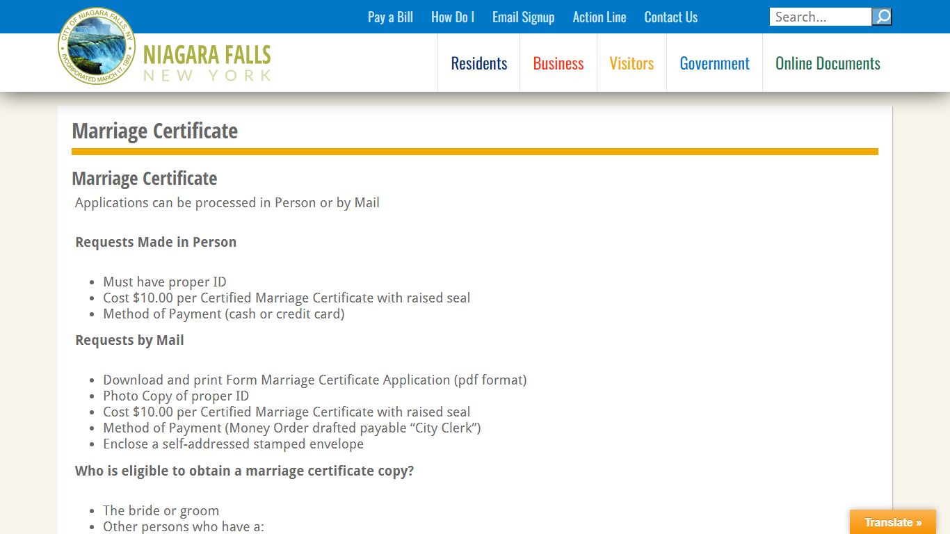 Marriage Certificate – Niagara Falls