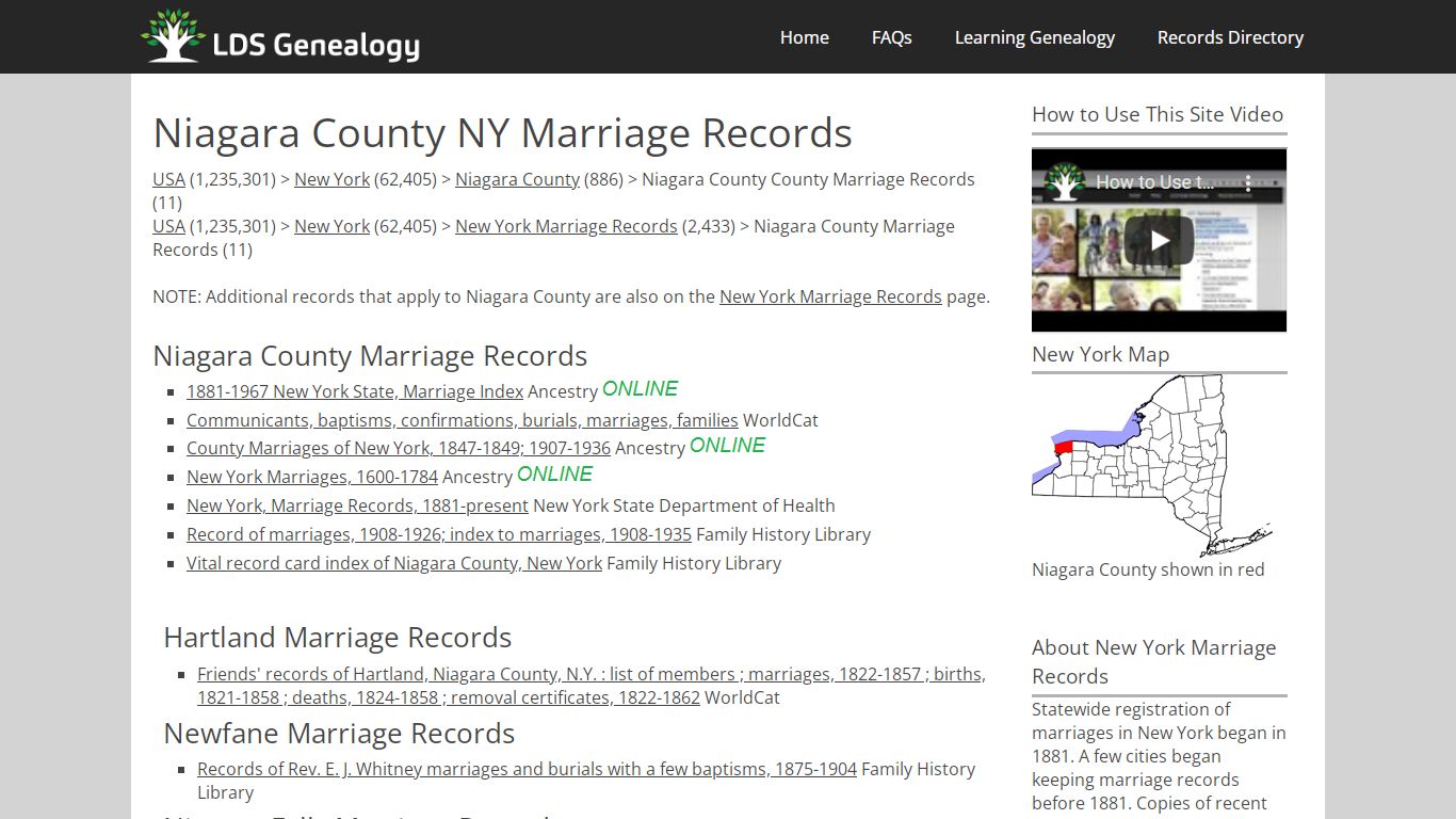 Niagara County NY Marriage Records - LDS Genealogy